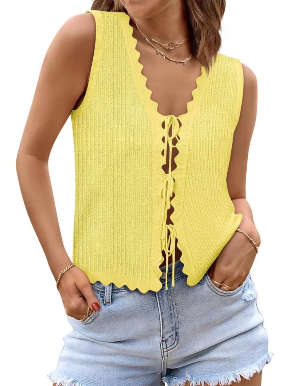 Chic Women's Tie Front Crochet Sweater Vest - Perfect Summer Vacation Outfit
